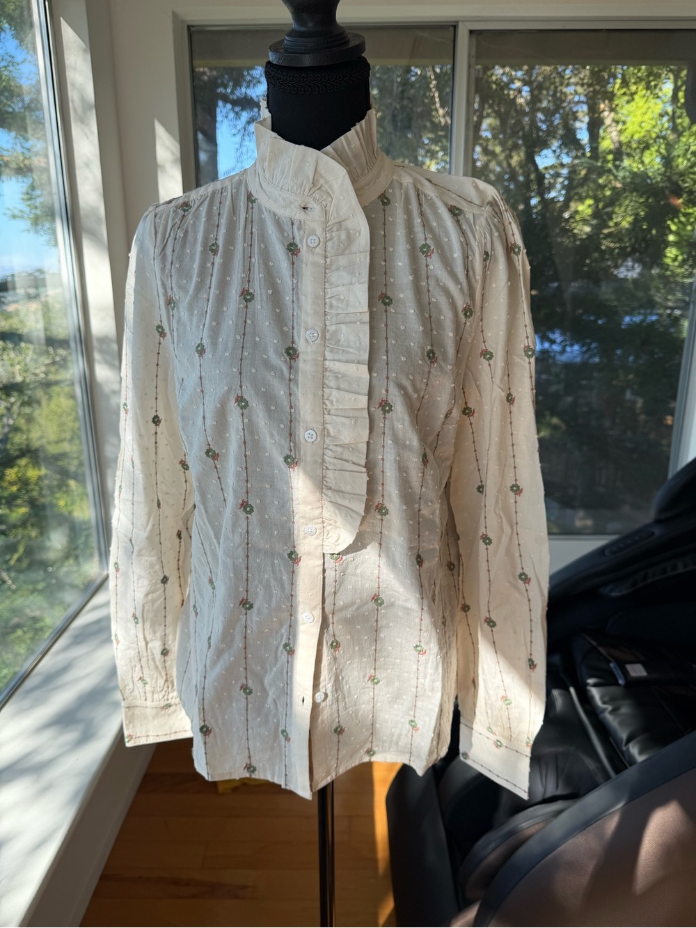 NWT Sézane Chlo Shirt Sage Camel Embroidered Ecru Cotton US 6 / FR 38 - Picture 4 of 10